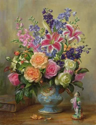 Nature morte de roses, lys et delphiniums